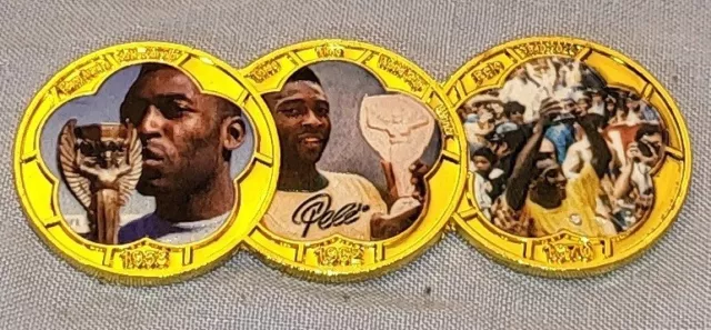 Pele Gold Coin 3 x World Cup Winner Brazil Signed Legend Messi Mbappe German Old 3