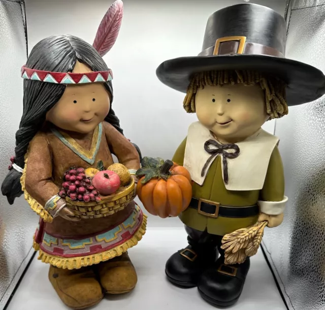 2 Statues, Native American & Pilgrim Figurines - Autumn Fall Decor, Thanksgiving