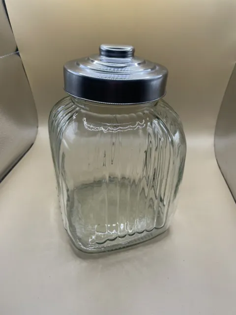 Clear glass ribbed square cookie/storage jar-steel lid  kitchen decor