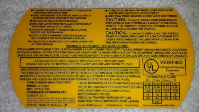 Appion, G1, Refrigerant Recovery Unit, SIDE PANEL WARNING STICKER, PART# LB1417