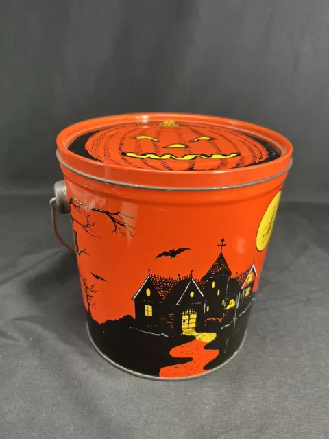 VTG Halloween Metal Tin Litho Candy Bucket Witch Ghost Skeleton Taiwan 6” High