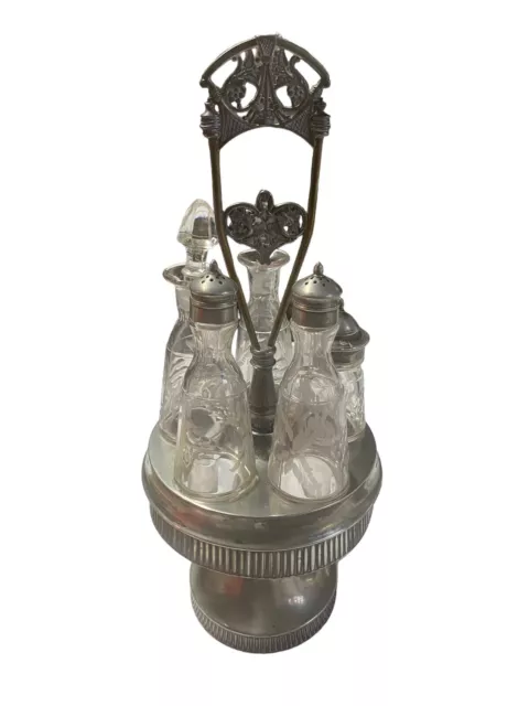 Victorian Glass Cruet Condiment Set Etched glass Rockford Silverplate Quadruple