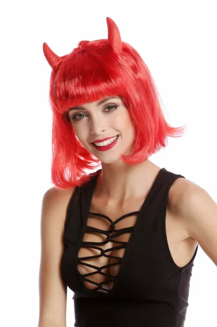 Perruque pour Femme Halloween Carnaval Diable Diablesse Rouge Bob Court Cornes