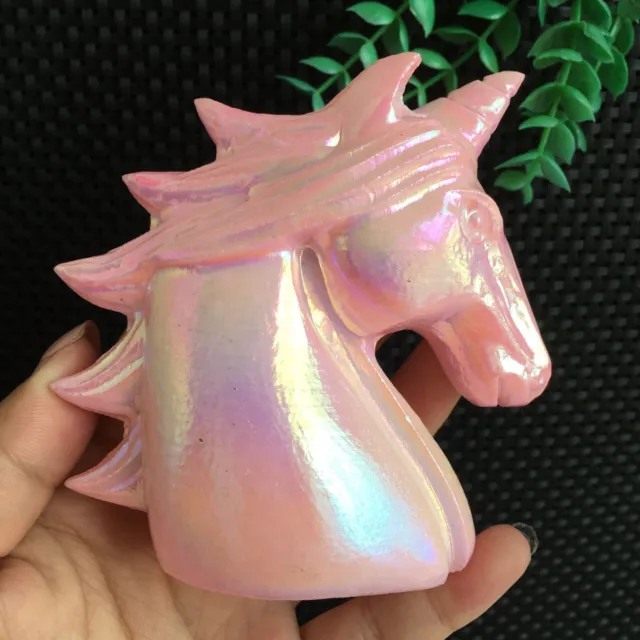 408g Titanium Pink Aura White Jade Unicorn Carving Quartz Crystal Collection