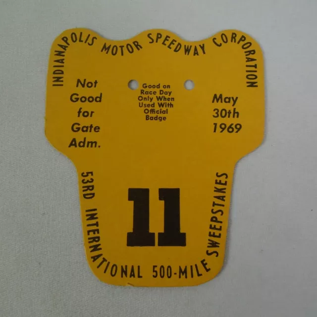 1969 Indianapolis 500 Back Up Card #11 for Pit Badge Credential IndyCar Indy 500