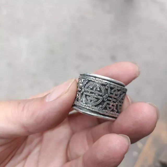 Exquisite Old Chinese tibet silver handcarved Fu Lu auspicious Ring statue
