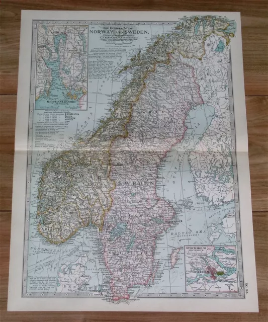 1911 Original Antique Map Of Scandinavia / Sweden Norway Oslo Stockholm