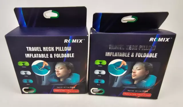QTY 2 Auto Inflatable Travel Neck Pillow U-shaped Hand Pump, Gray, NEW OPEN BOX