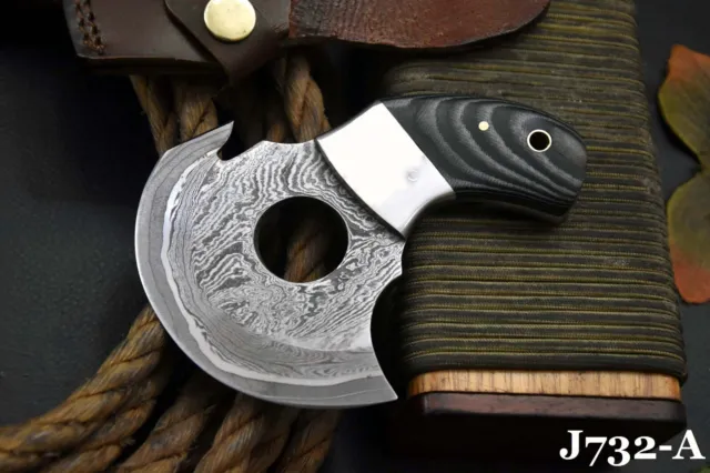 Custom San Mai Damascus Steel Ulu Hunting Knife Handmade,G-10 Micarta Handle (A)