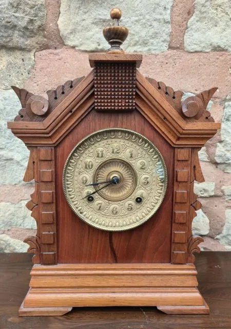 American Walnut Mantel Clock Antique 8 Day Striking By Ansonia 1900 Glass Wooden