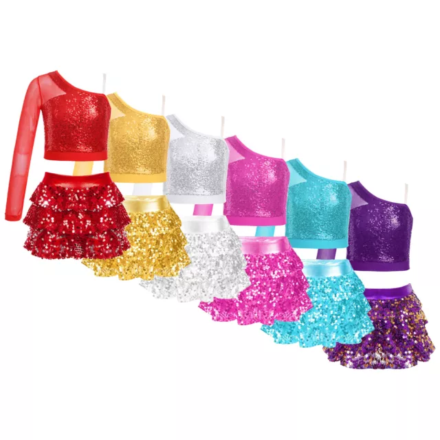 Kids Girls Costume Shiny Crop Top With Skirt Sequins Cheerleading Long Sleeve