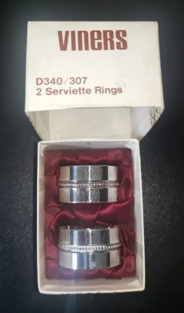 VINERS D340/307 2x Serviette/Napkins Rings Silver Plated & Original Box Vintage