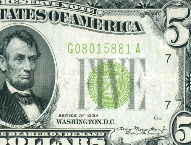 $5 1934 LGS LIME ((LIGHT GREEN SEAL)) Federal Reserve Note PAPER CURRENCY