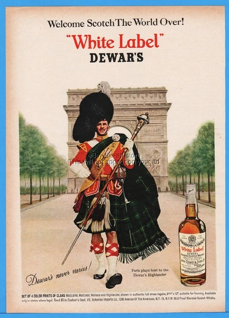 1967 Dewar's White Label Scotch Scottish Highlander Clan Champs Elysees Paris Ad