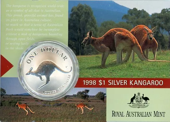 1998 Royal Australian Mint $1 Silver Kangaroo 1oz Coin - Carded D4-504