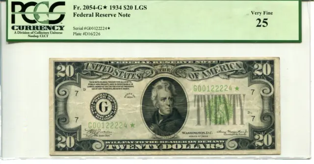 Fr 2054-G* STAR 1934 $20 Federal Reserve 25 VERY FINE - LIGHT GREEN SEAL