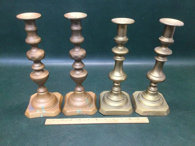 Two pair 19th C  Antique Brass Push Up Candlesticks ~ 2 Beehive Diamond Baluster