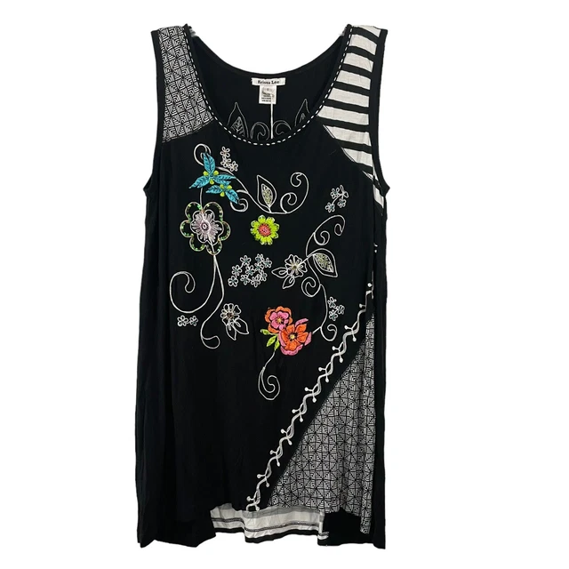 Krista Lee Tunic Top S Embroidered Embellished Beaded Sequins Black Sleeveless