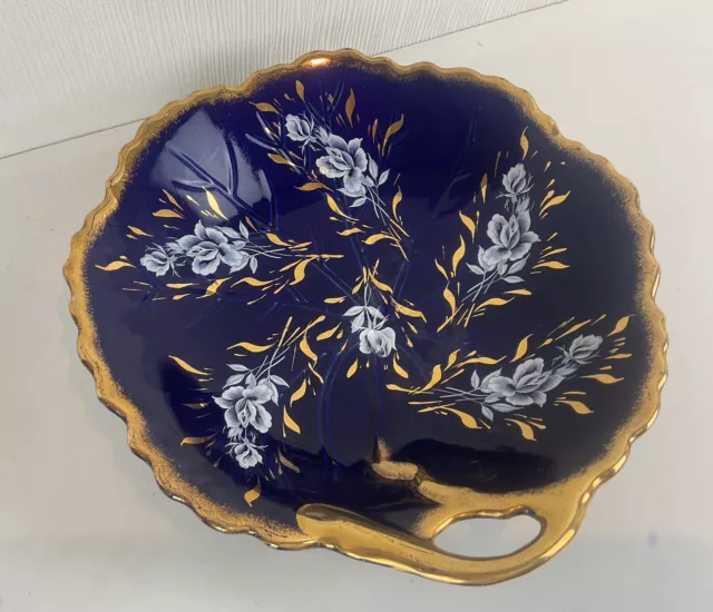 Ancien magnifique plateau décor floral fond bleu cobalt et dorures porcelaine R