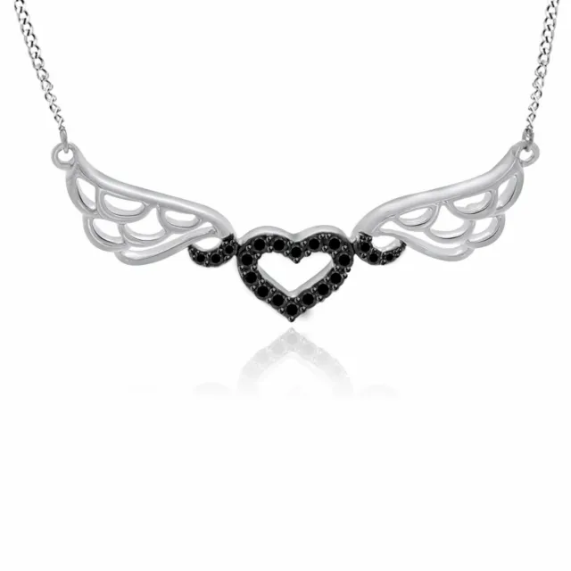 1/6ct Real Black Diamond Heart Angel Wings Pendant Necklace 925 Sterling Silver