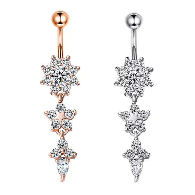 Zircon Navel Belly Button Ring Curved Bar Flower Dangle Body Piercing Jewellery