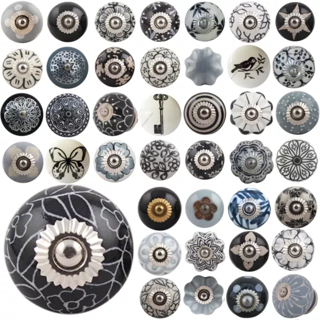 BLACK GREY Ceramic Door Knobs OVER 50 DESIGNS Drawer Pulls Shabby Chic Handles