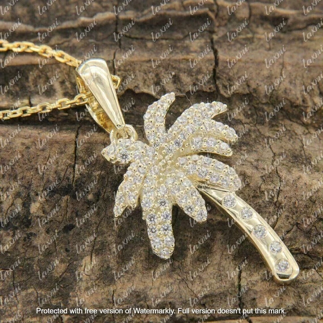 0.50 Carat Round Cut Diamond Palm Tree Pendant 14k Yellow Gold Finish Free Chain