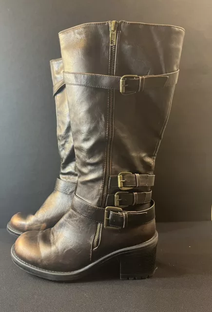 Tara Tall Rustic Boots  Brown/ Copper Double Zip Buckles Chunky Heel Size 9