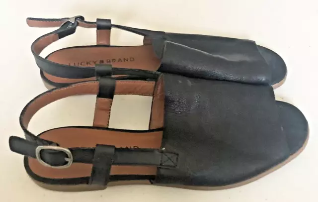 Lucky Brand Sz 7.5 Slingback Flats Sandals Soft Leather Peep Toe Black Campbell