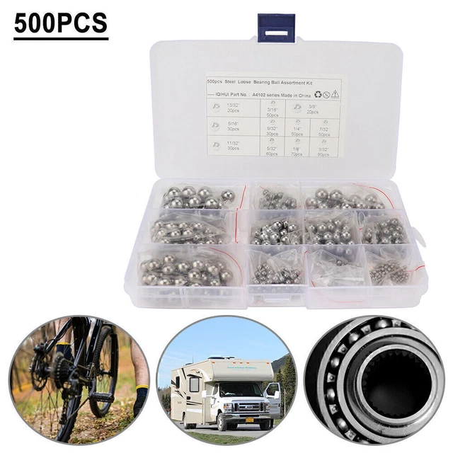 500 pezzi sfere per cuscinetti allentati per bicicletta assortite 5/32", 3/16" 7/32" & 1/4" ecc.