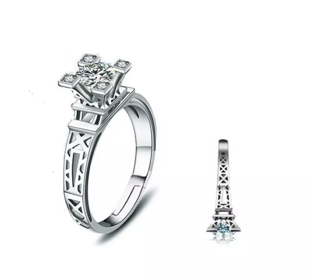 Silver Paris The Eiffel Tower Cubic Zirconia Engagement Adjustable Ring RS29