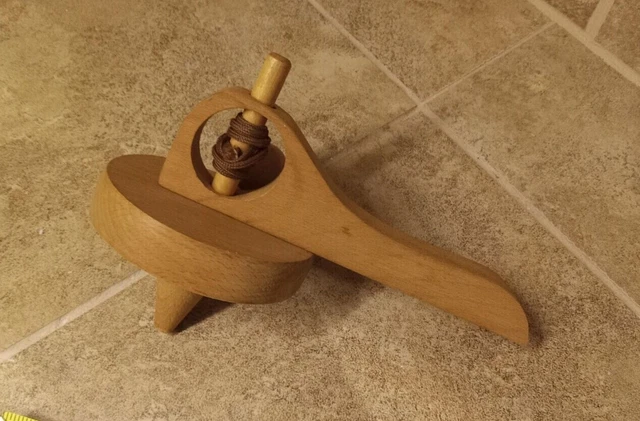 Vintage Wood Toy Top Metal Tip with Spinner Handle and String Hand Made Natural