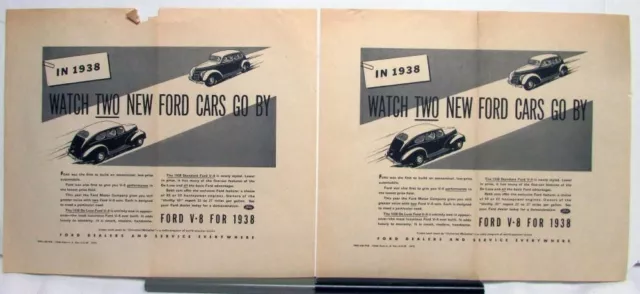 1938 Ford V8 Sedan DeLuxe Standard Watch Two New Fords Go By Ad Proof Original