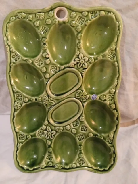 Vintage Majolica Style Emerald Green Flower 9 1/8” X  6” Divided Egg Plate JAPAN
