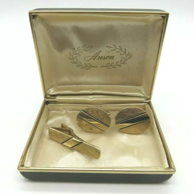 Vintage Anson Gold with Black Trim Cufflinks and Tie Bar in Original Box