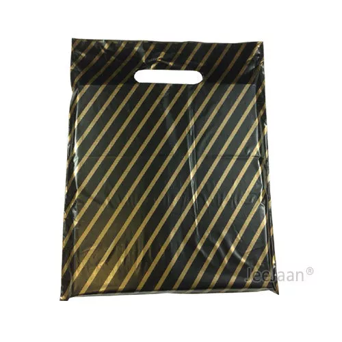 Strong Black and Gold Striped Plastic Carrier Bags Jewellery Fashion Gift Shop