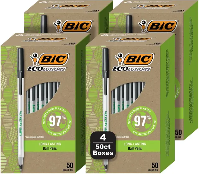 Ecolutions round Stic Ballpoint Pens, Medium Point (1.0Mm), 200-Count Pack, Blac
