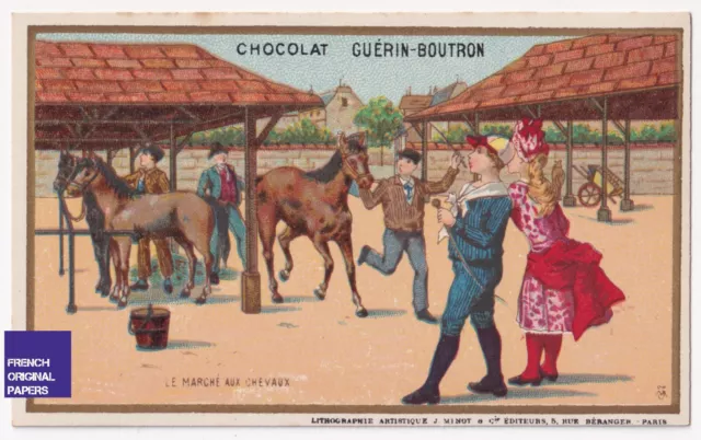 SUPERBE Chromo Guérin Boutron Marché cheval équitation jockey enfant Minot mode