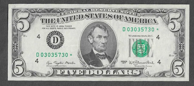 FR 1974-D* STAR $5 Cleveland Series of 1977 Green Seal Federal Reserve Note