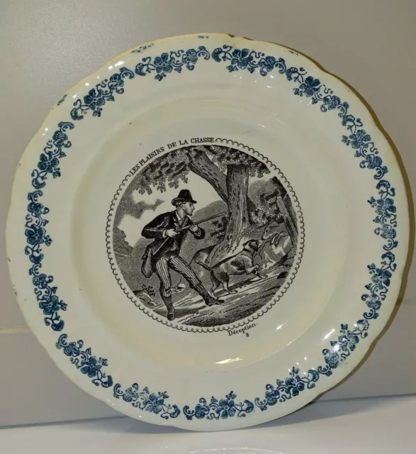 *Ancienne Assiette A Dessert Ceramique Longwy Les Plaisirs De La Chasse Vitrine