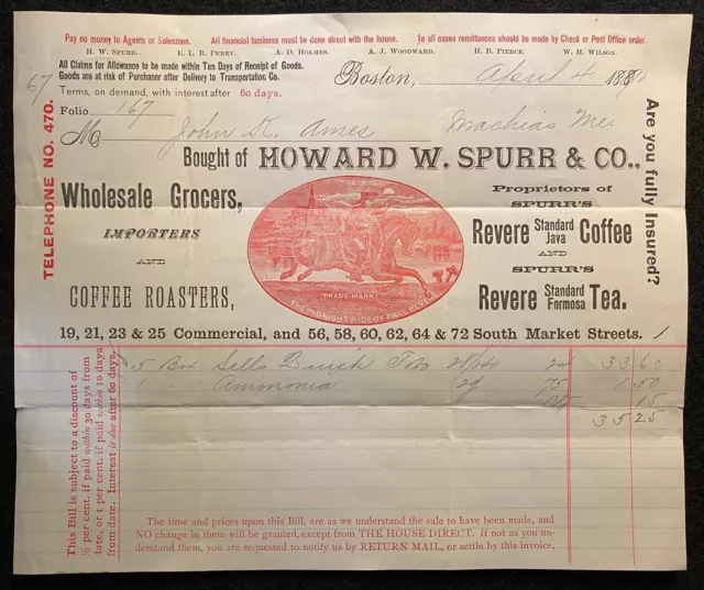 1887 *Howard W. Spurr & Company* Boston, Mass. Billhead+"Paul Revere" Vignette!