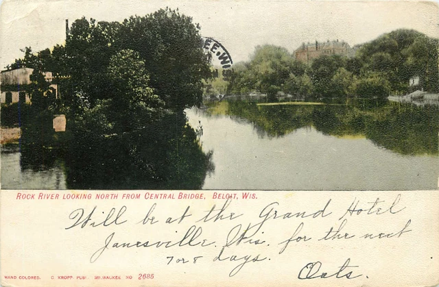 Wisconsin, WI, Beloit, Rock River Looking N fr Central Bridge UDB 1907 Postcard