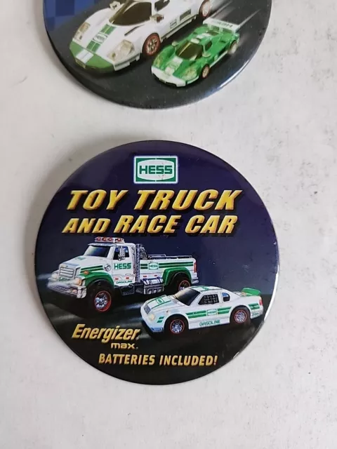 Lot of 2 Vintage Hess Cashier Buttons Toy Truck & Race Car And Racer Pinbacks 3