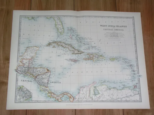 1907 Antique Map  Of West Indies Caribbean Cuba Puerto Rico Costa Rica Panama