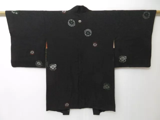 2322T02z500 Vintage Japanese Kimono Silk HAORI Flowers Black