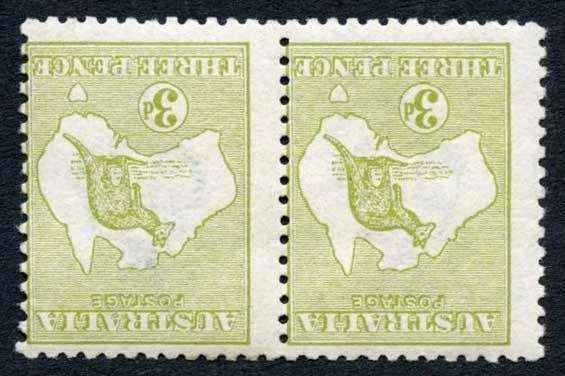 Australia SG5 3d Yellow-Olive Die I wmk 1st Crown INVERTED M/M PAIR cat 400++