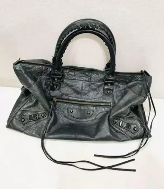 Auth Balenciaga The Work Handbag Shoulder Bag #5911 Black Leather
