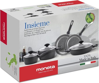 Pentolino 1 Manico 16 cm Moneta Etnea Batteria Professional Set da 8 Pezzi 2 Padelle da 20 e 26 cm Pentola Grande 24 cm & Etnea Pentola con coperchio Blocca Scola 4 Litri Nero Alluminio 