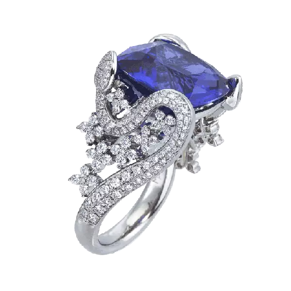 One Of A Kind Beautiful Snake Flower Design Blue Tanzanite & Bright CZ 11CT Ring