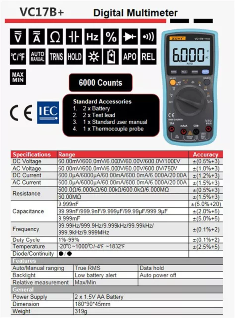 VC17B+ Digital Multimeter 6000 Counts Multitester Digital Transistor Tool 3